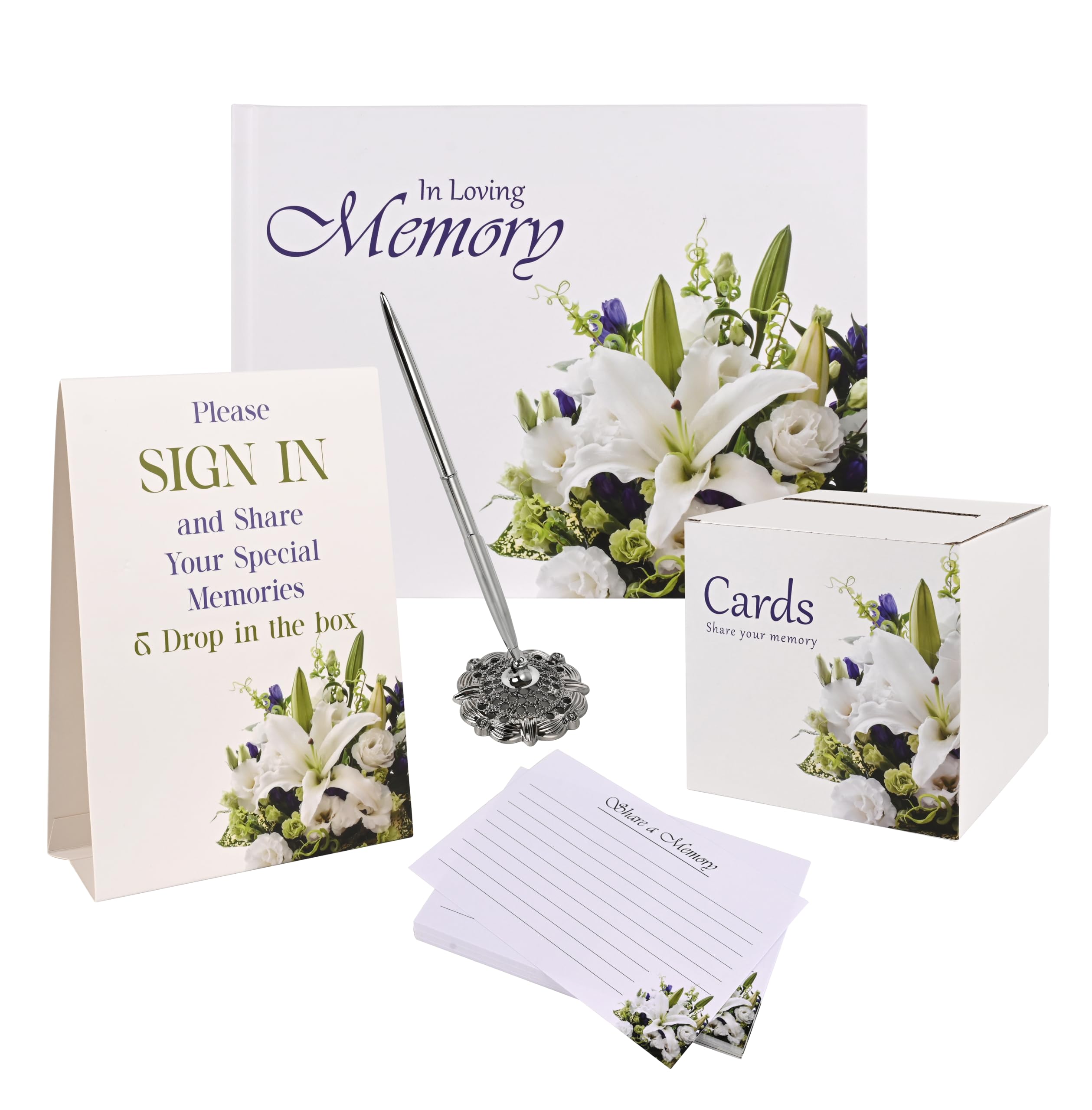 Customoffi Guest Book Set, Funeral Guest Book, Includes: Guestbook with 100 Pages, 60 Memory Cards, Ball Pen+Pen Stand, Table Sign, Card Box, Celebration of Life Guest Book, Memorial Guest Book