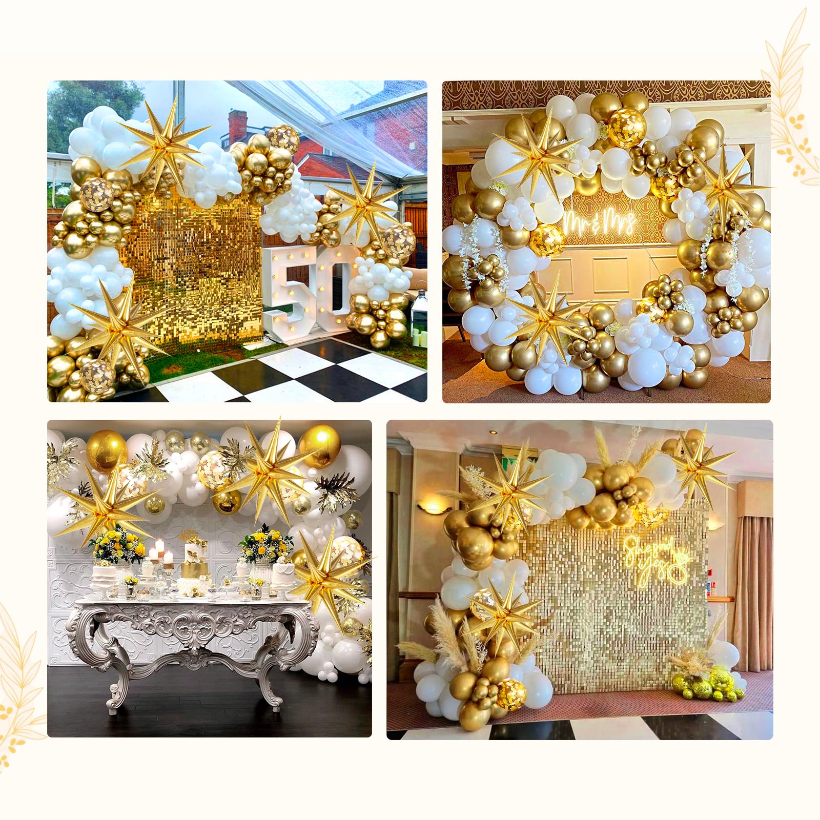 FOTIOMRG White and Gold Balloons Garland Arch Kit with 3pcs Starburst Balloons, Metallic Gold White for Wedding Engagement Baptism Bridal Shower Anniversary New Years Birthday Party Decorations