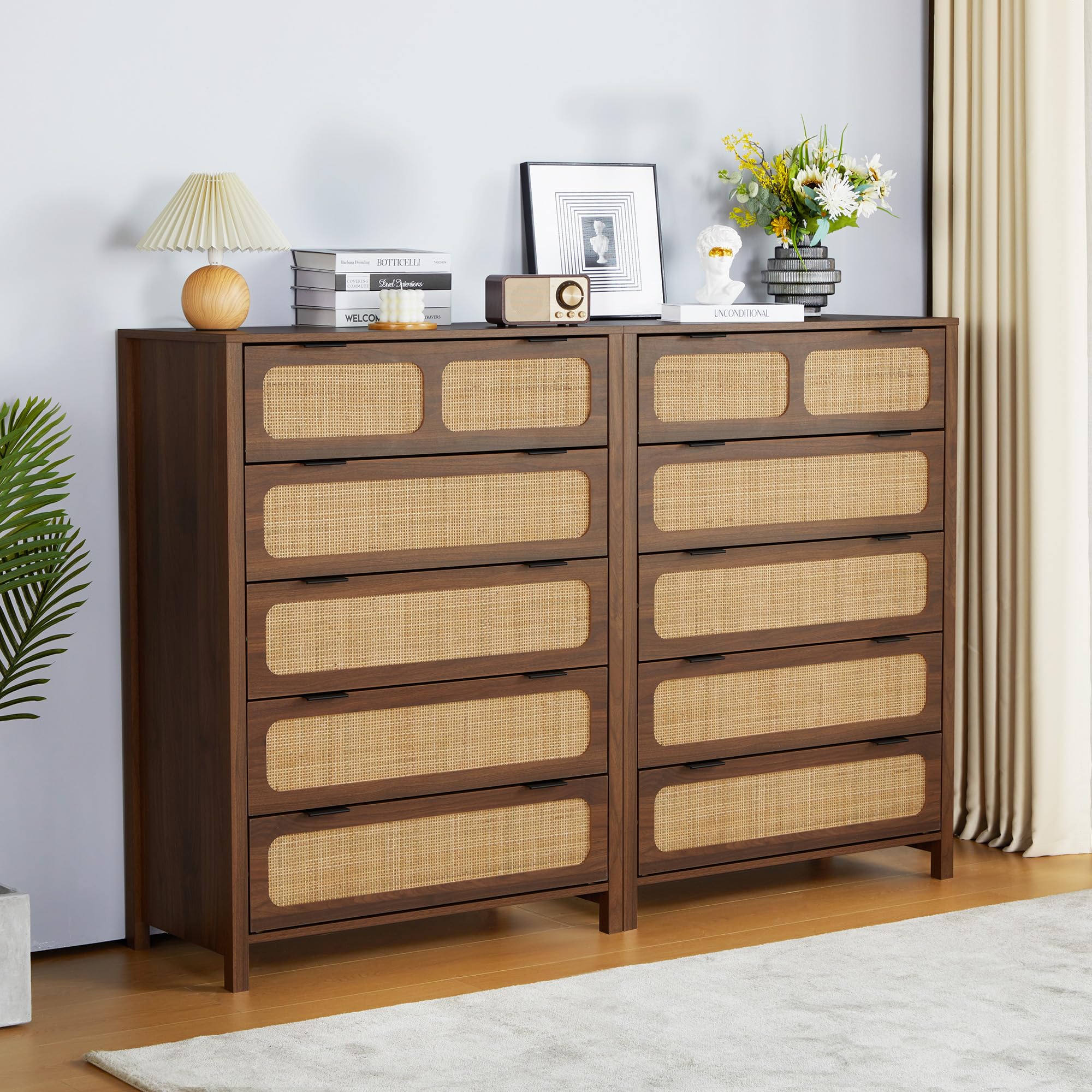 LEVNARY 5 Drawer Chest Dresser, Rattan Tall Dresser 5 Chest of Drawers Dressers for Bedroom, Wooden Storage Cane Cabinet with Metal Handles for Living Room Hallway (Walnut)