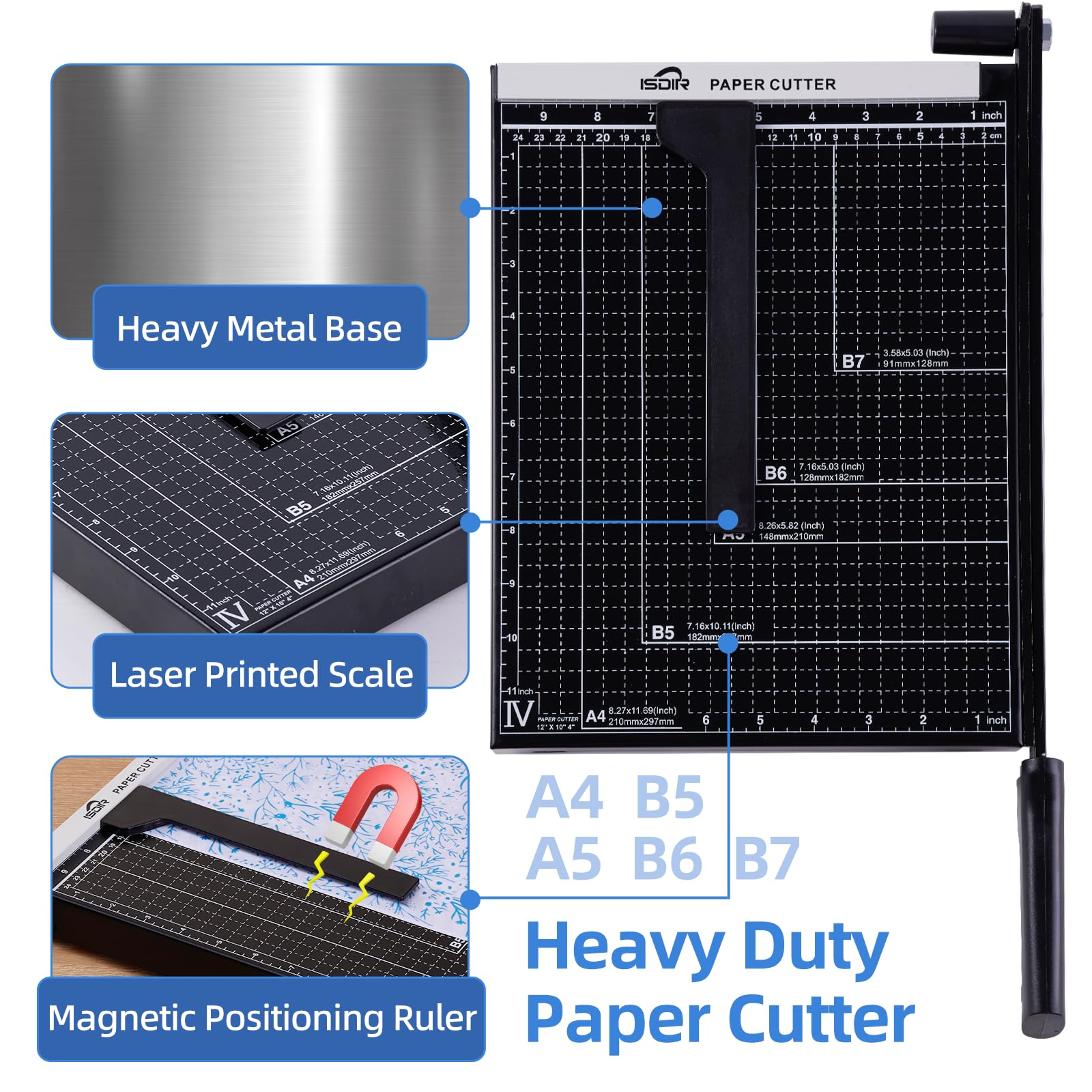 ISDIR 12-Inch Guillotine Paper Cutter, 15 Sheet Capacity, Blade Lock & Magnetic Guide, Heavy-Duty Metal Base for Precision Cutting of Cardstock, Photos, and Crafts - Ideal for Home & Office