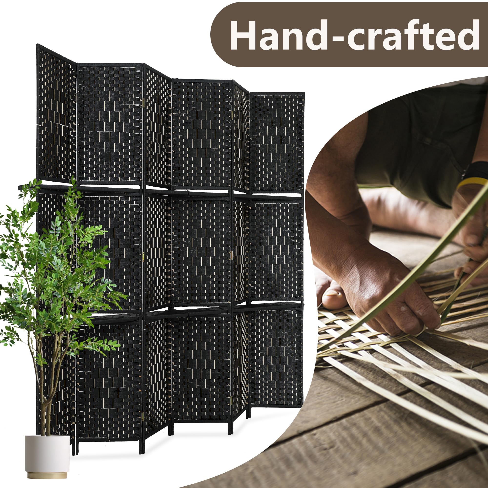 Room divider 6 panel room screen divider wooden screen folding portable partition screen wood with removable storage shelves colour，Black