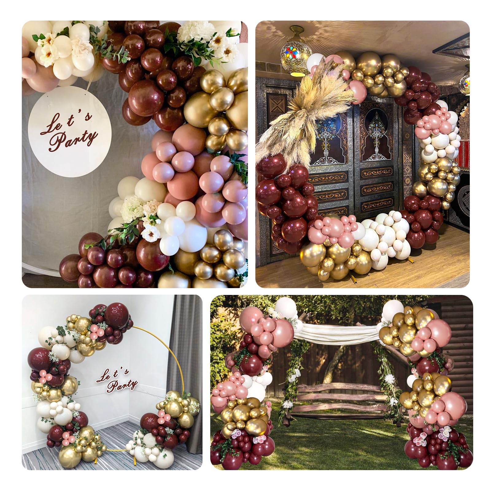 142pcs Burgundy Balloon Arch Garland Kit with Metallic Rose Gold Maroon Gold Balloons for Birthday Baby Shower Valentines Day Bridal Shower Wedding Engagement Bachelorette Party Decorations