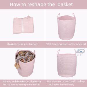 XUANGUO Cotton Rope Laundry Basket Hamper for Clothes Woven Storage Basket for Living Room Bedroom Boho Tall Rope Baskets for Blanket Toys Pillow Towels Baby Nursery Hamper Bin Large light pink