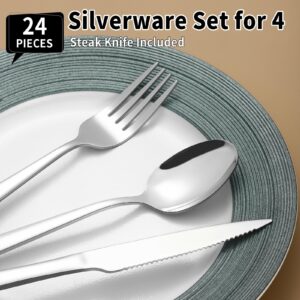 24 Piece Silverware Set with Steak Knives for 4, Prendcyx Stainless Steel Flatware Set, Food-Grade Tableware Cutlery Set Includes Forks Spoons Knives, Mirror Polished, Dishwasher Safe