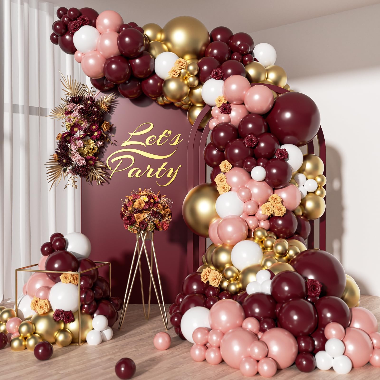 142pcs Burgundy Balloon Arch Garland Kit with Metallic Rose Gold Maroon Gold Balloons for Birthday Baby Shower Valentines Day Bridal Shower Wedding Engagement Bachelorette Party Decorations