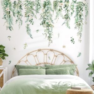 decalmile large hanging vines wall decals green plants tropical leaves flower wall stickers bedroom living room sofa tv background wall decor