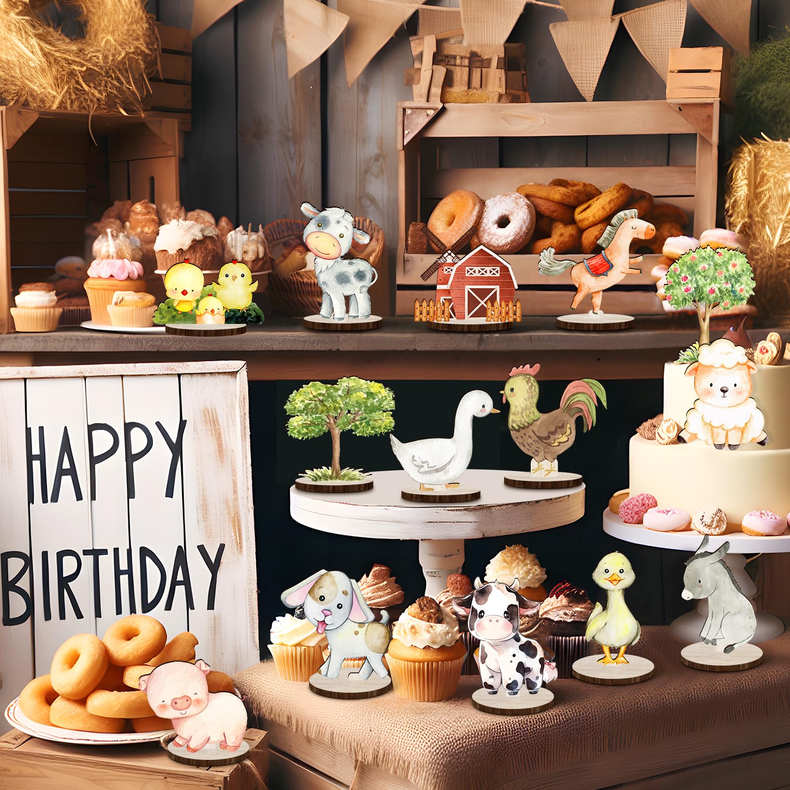 14Pcs Farm Animals Wood Table Centerpieces Farm Creatures Cutout Shapes Table Toppers Farm Themed Baby Shower Decorations Wooden Barnyard Farm Animal for Birthday Party Supplies