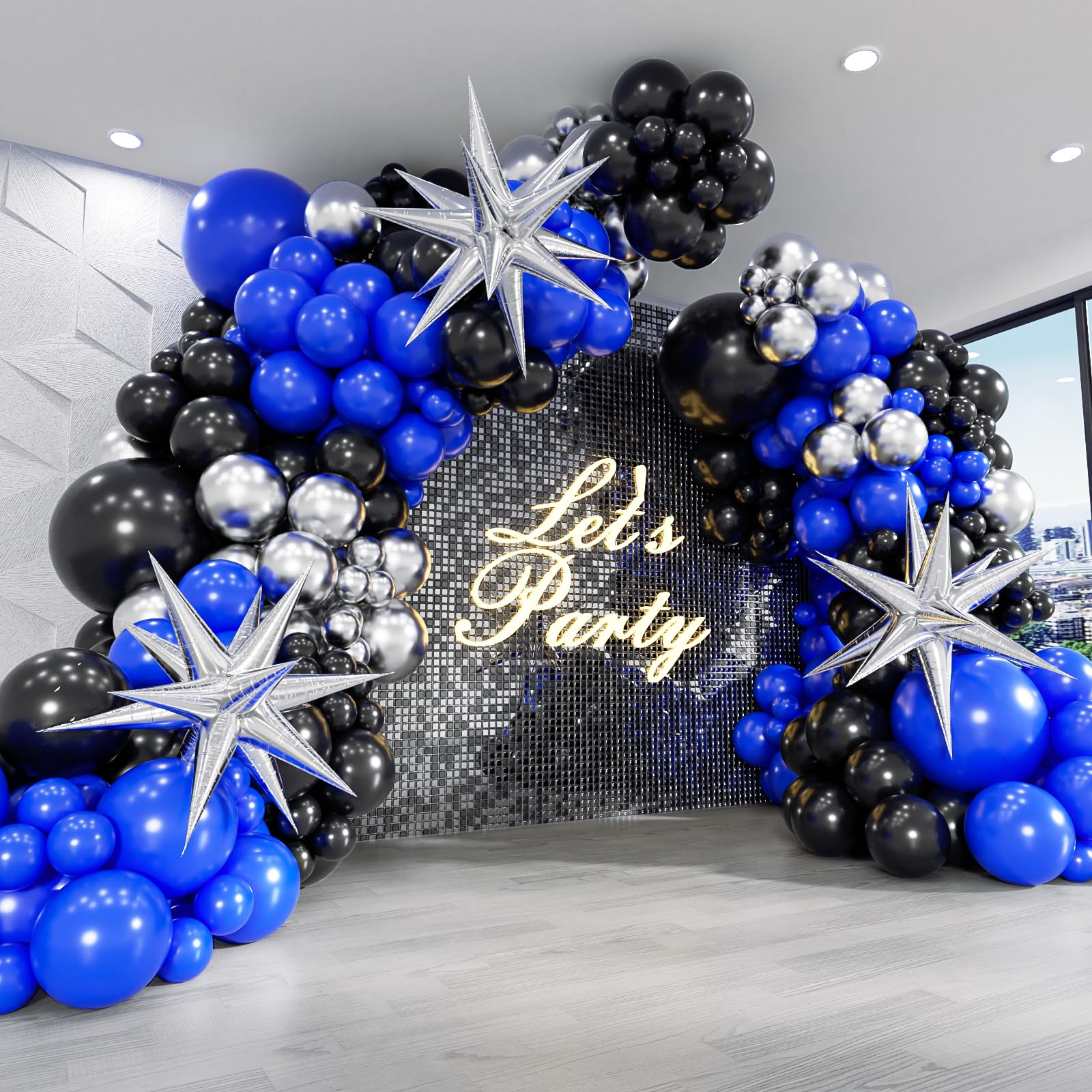 FOTIOMRG Royal Blue and Black Balloon Garland Arch Kit with 3pcs Star Balloon, Navy Blue Balloons Metallic Sliver Black Balloons for 30th 40th 50th Birthday Graduation New Years Party Decorations