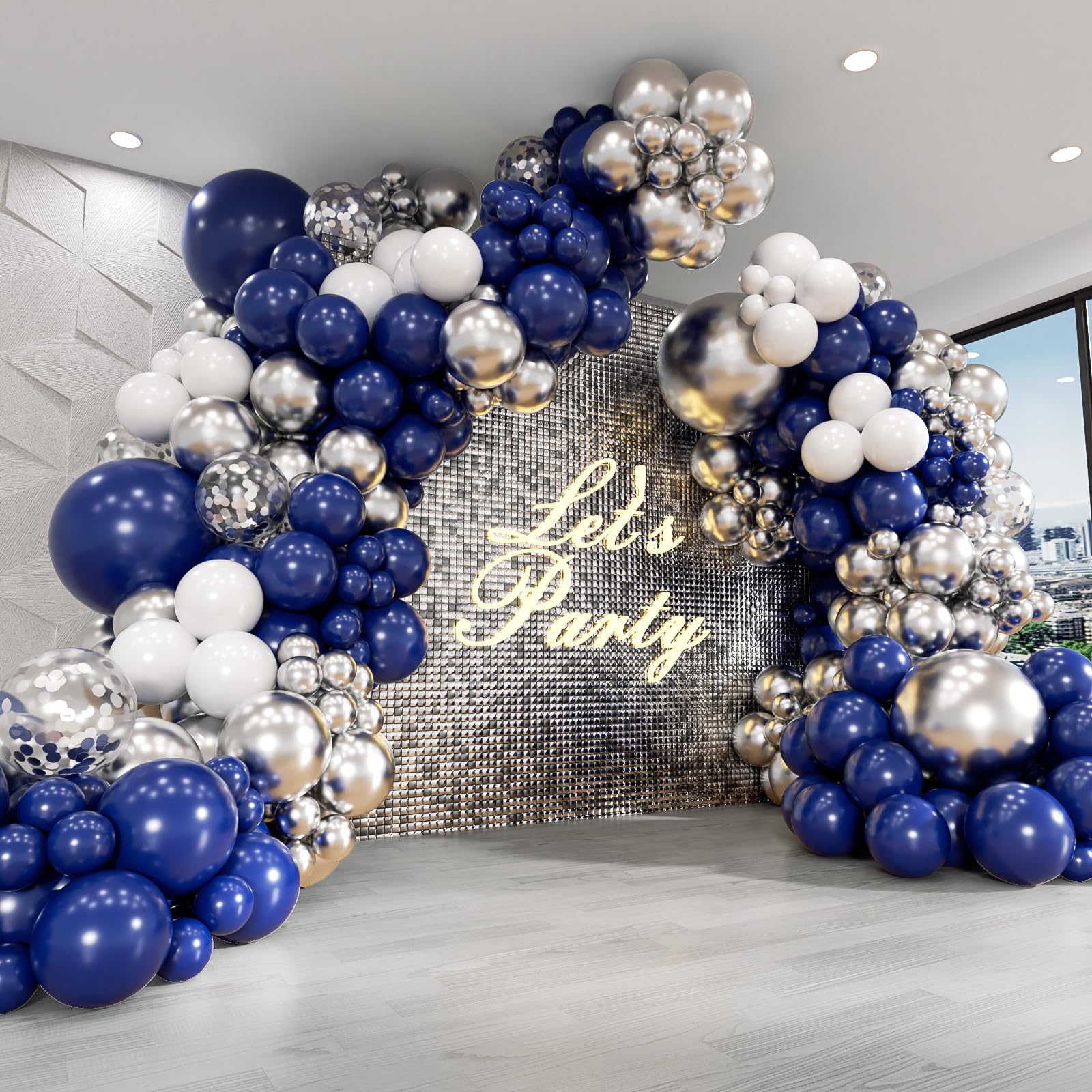 Navy Blue and Silver Balloon Garland Arch Kit, Royal Blue Metallic Silver White Balloons for Birthday Baby Shower Wedding Graduation Party Decorations