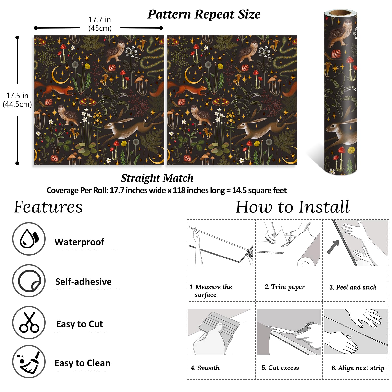 VEELIKE Fairytale Forest Botanical Wallpaper Peel and Stick Dark Moon Stars Floral Wallpaper for Bedroom Nursery Removable Woodland Wallpaper 17.7''x118'' Self Adhesive Contact Paper for Walls Cabinet