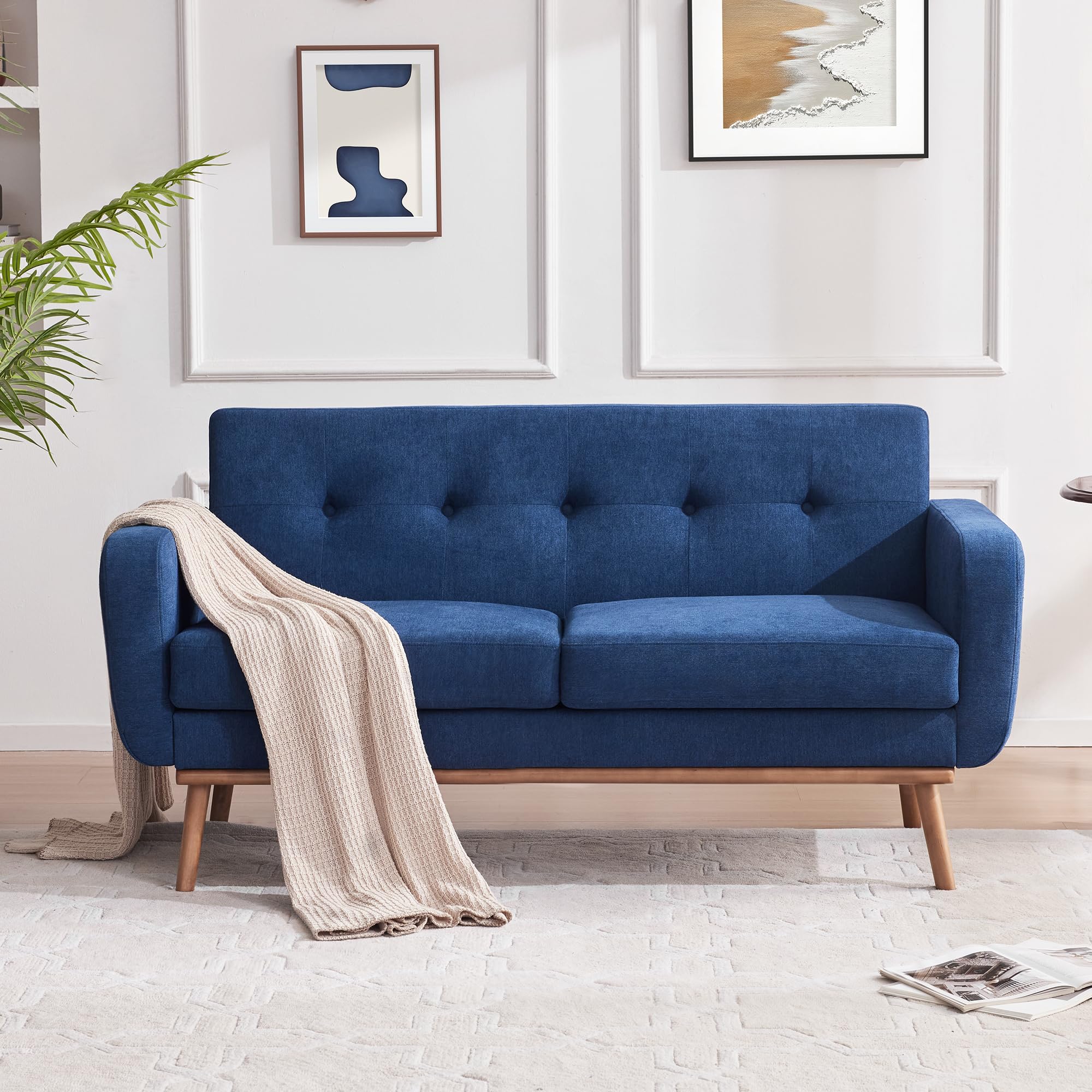 HUIMO 60'' Loveseat Sofa, Mid Century Modern Love Seat Couches for Living Room, Upholstered Love Seats Furniture with Solid Frame Button Tufted Small Couch for Bedroom Office Apartment (Dark Blue)