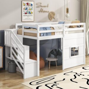 favfurish twin size loft bed with storage staircase and window,wood twin loft bunk bedframe with full-length guardrail and sturdy slat support, no noise,no box spring needed,for kids,boys,girls,white