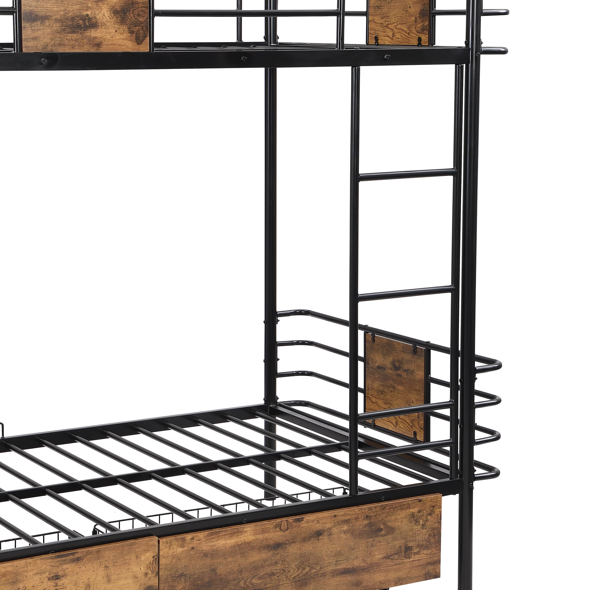 YOPTO Twin XL Over Twin XL Metal Bunk Bed with MDF Board Guardrail,an Integrated Ladder,Full-Length Guardrails and Two Storage Drawers,Industrial Modern bunk-Bed,No Box Spring Needed,Black