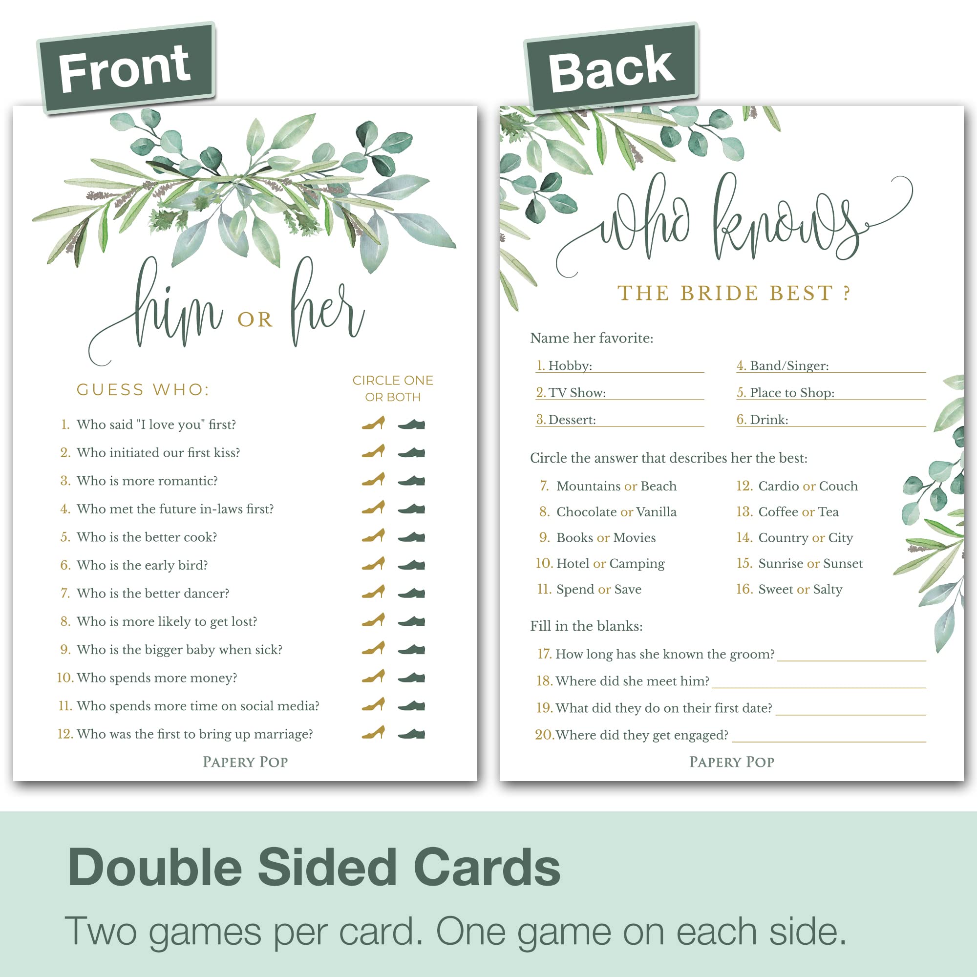 Papery Pop Bridal Shower Games - Wedding Shower Games - 4 Games for 25 Guests - Double Sided Cards - Eucalyptus