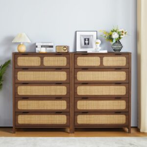 LEVNARY 5 Drawer Chest Dresser, Rattan Tall Dresser 5 Chest of Drawers Dressers for Bedroom, Wooden Storage Cane Cabinet with Metal Handles for Living Room Hallway (Walnut)