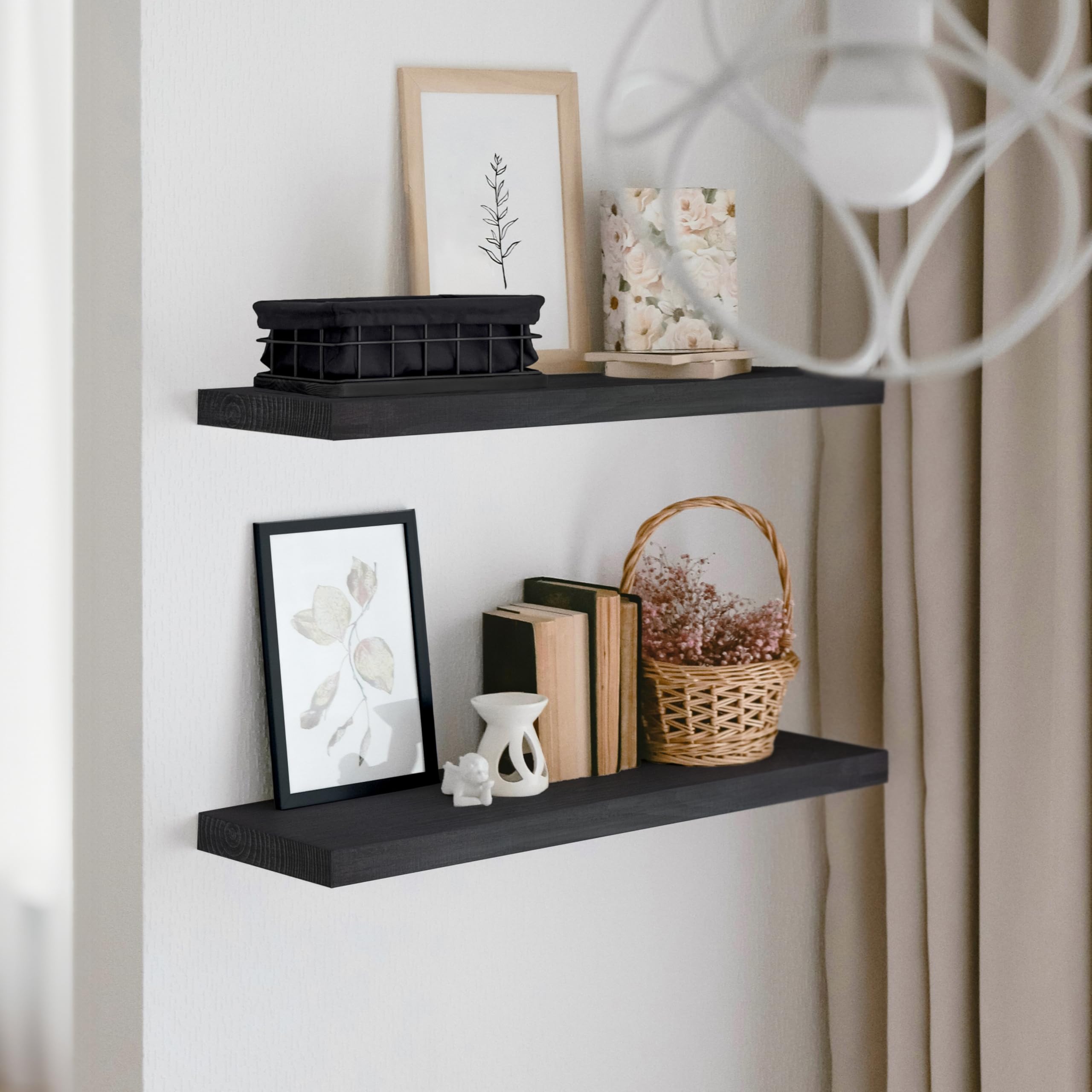 BAOBAB WORKSHOP Wood Floating Shelves Set of 2 - Black Floating Shelves for Wall - Wall Shelves for Bedroom Dark Wood - Black Bathroom Shelves - Floating Shelf Living Room - 24D x 6.7W