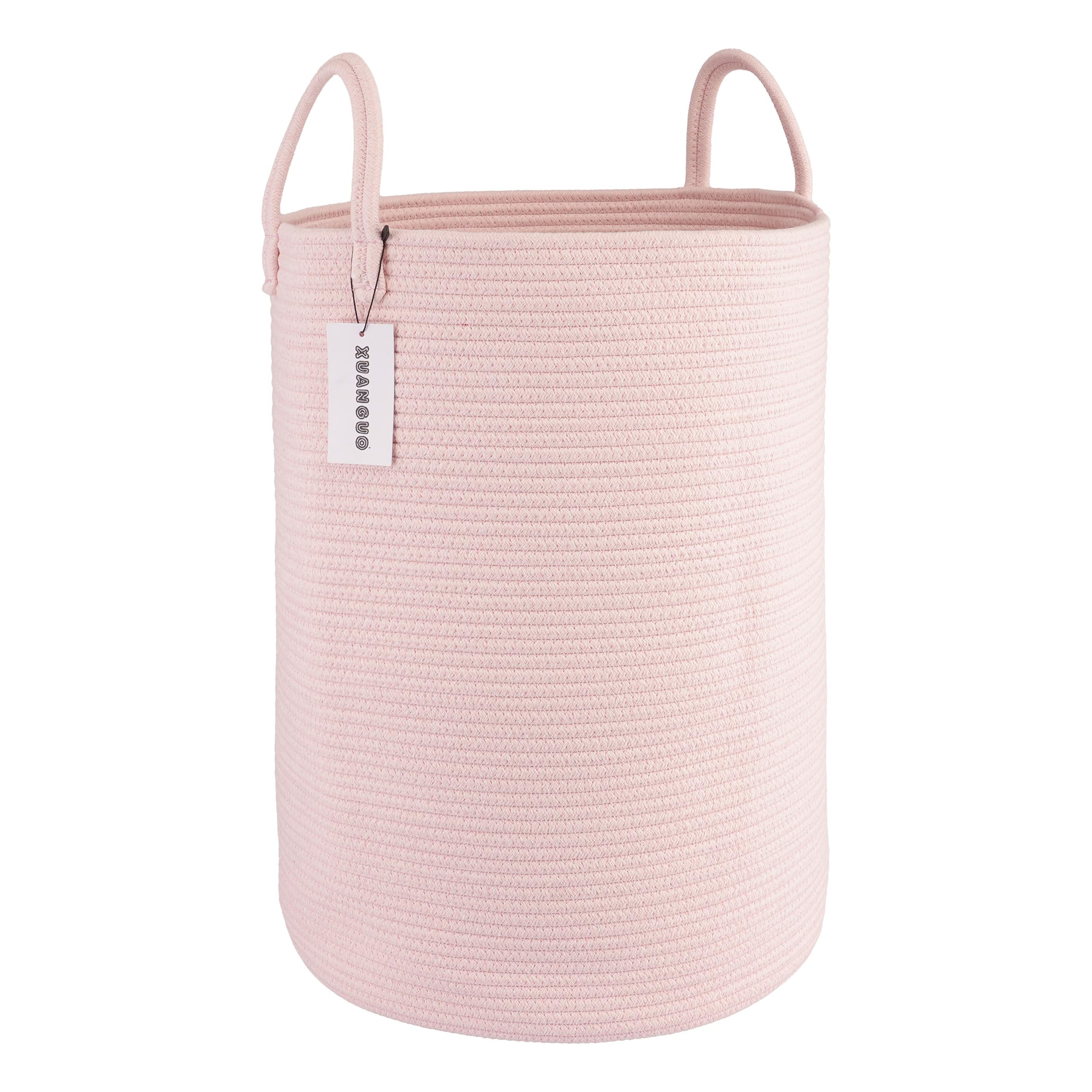 XUANGUO Cotton Rope Laundry Basket Hamper for Clothes Woven Storage Basket for Living Room Bedroom Boho Tall Rope Baskets for Blanket Toys Pillow Towels Baby Nursery Hamper Bin Large light pink