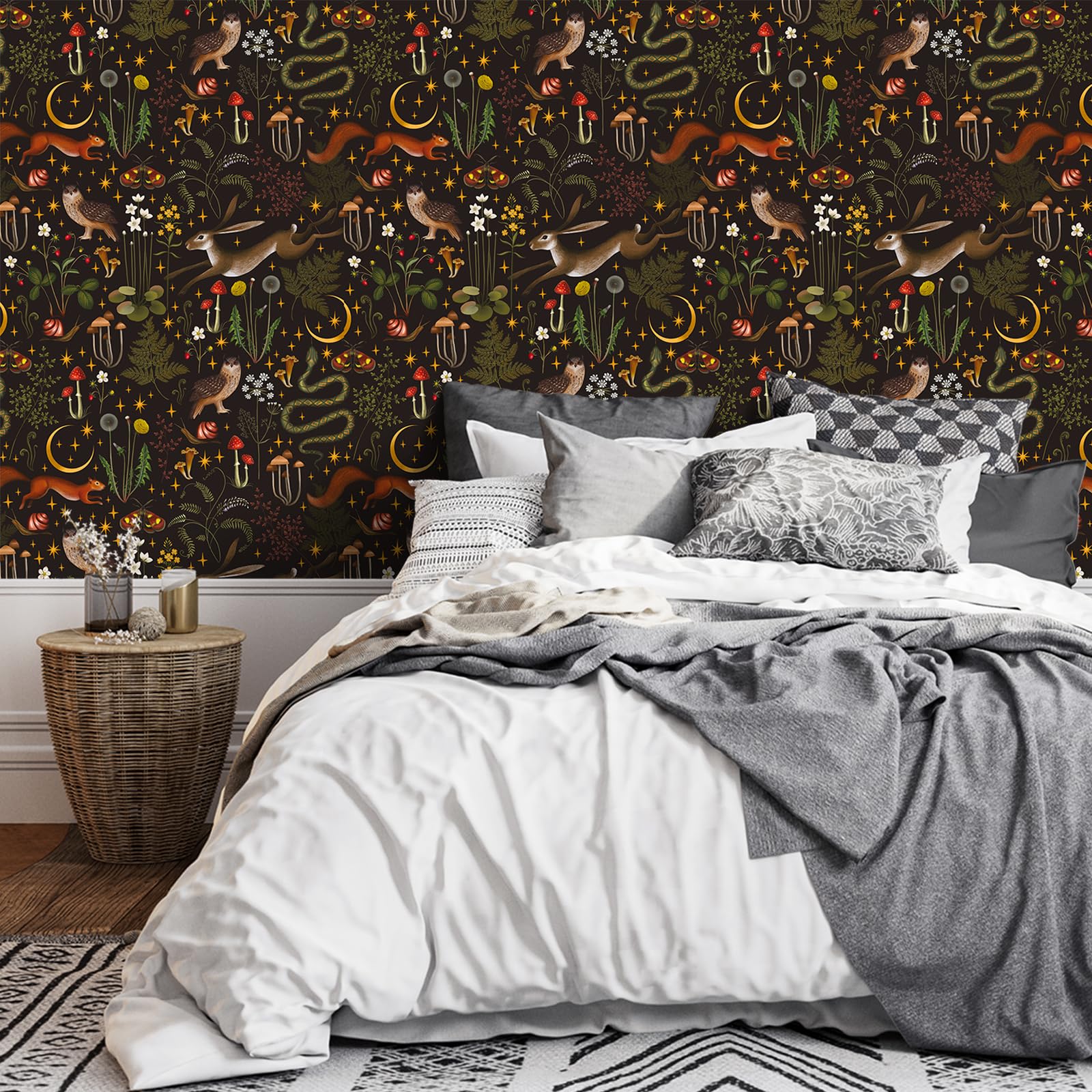 VEELIKE Fairytale Forest Botanical Wallpaper Peel and Stick Dark Moon Stars Floral Wallpaper for Bedroom Nursery Removable Woodland Wallpaper 17.7''x118'' Self Adhesive Contact Paper for Walls Cabinet