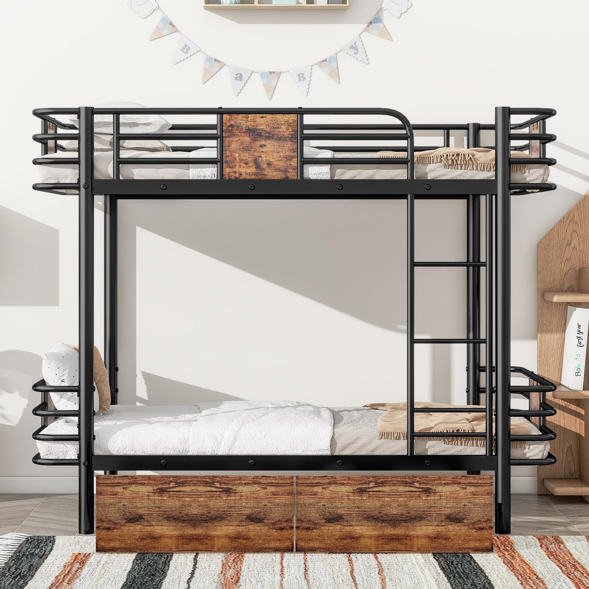 YOPTO Twin XL Over Twin XL Metal Bunk Bed with MDF Board Guardrail,an Integrated Ladder,Full-Length Guardrails and Two Storage Drawers,Industrial Modern bunk-Bed,No Box Spring Needed,Black