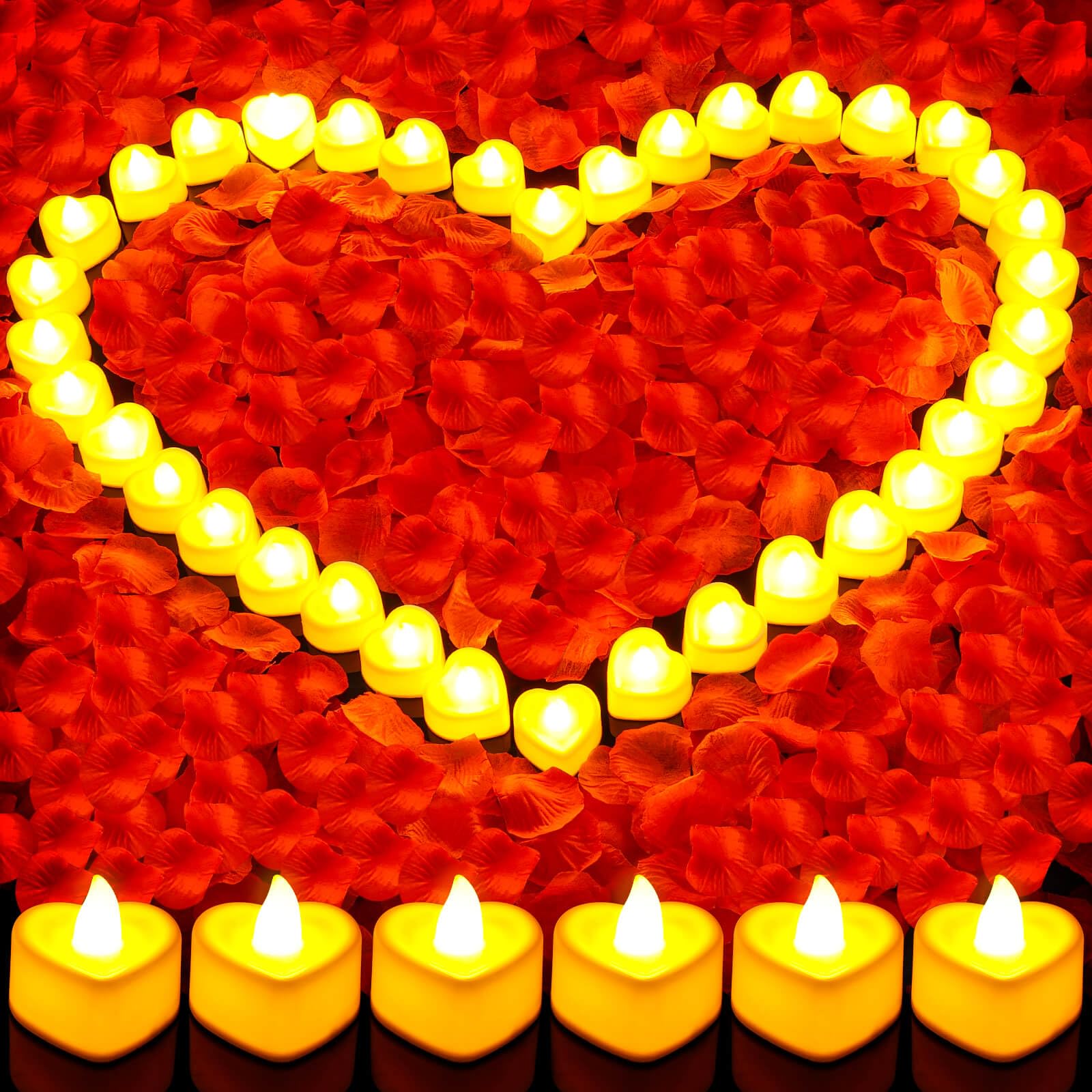 Flasoo Rose Petals and Candles Set for Romantic Decoration, 3000 Pcs Red Rose Petals and 36 Pcs Heart Candle Lights for Special Night, Wedding, Anniversary, Valentine Day for Hotel and Bedroom Decor