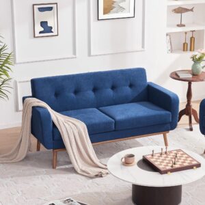 HUIMO 60'' Loveseat Sofa, Mid Century Modern Love Seat Couches for Living Room, Upholstered Love Seats Furniture with Solid Frame Button Tufted Small Couch for Bedroom Office Apartment (Dark Blue)