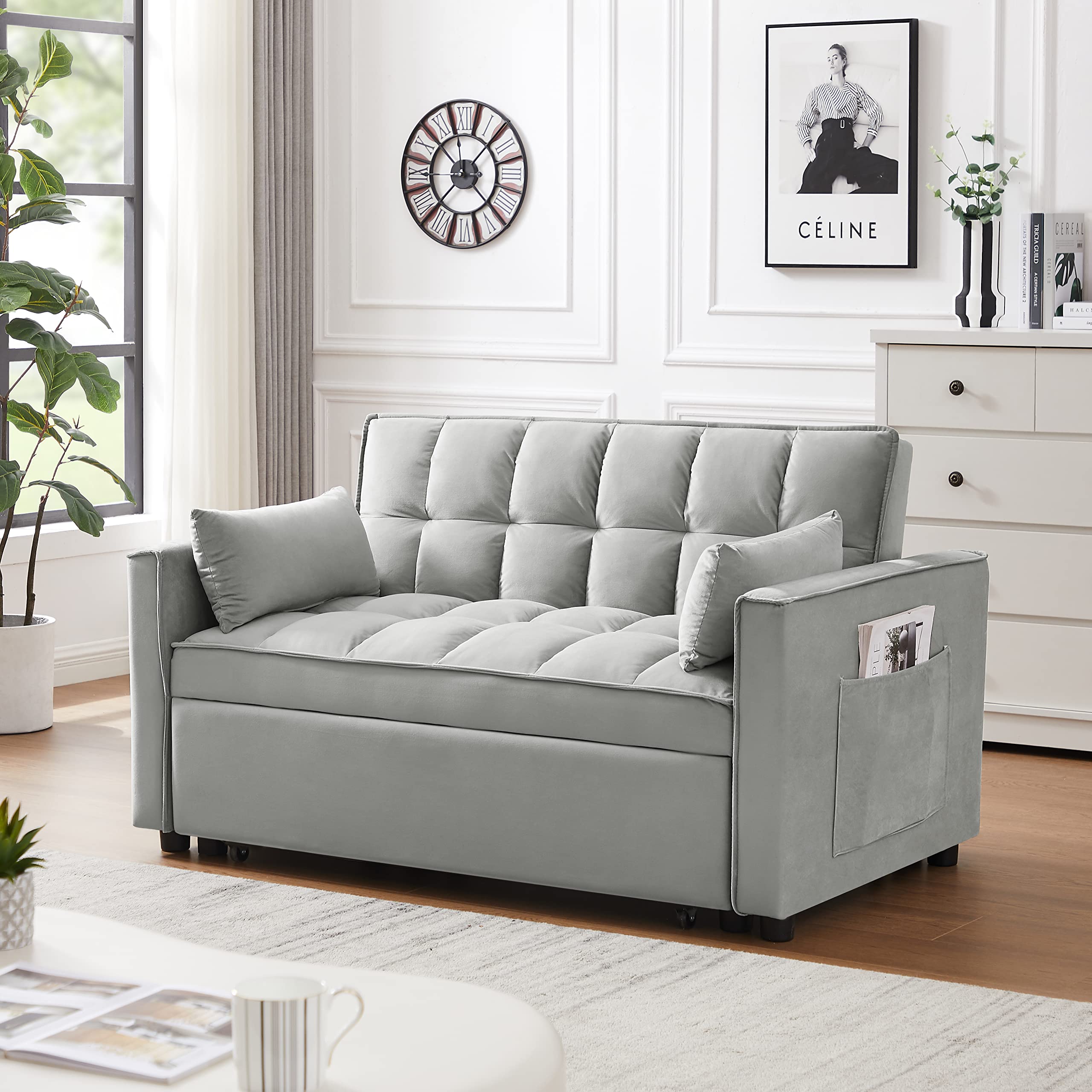 BIADNBZ 55 Inch Convertible Sleeper Sofa 3 in 1 Velvet Small Loveseat with Pull Out Bed, Reclining Backrest, Toss Pillows and Pockets, Futon Couches, 55.2"D x 33.1"W x 32.2"H, Gray