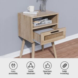 AmzYuga Nightstands Set of 2, Rattan Night Stand, Boho Nightstand with Drawer Open Storage, Modern Bed Side Table with Solid Wood Feet for Bedroom