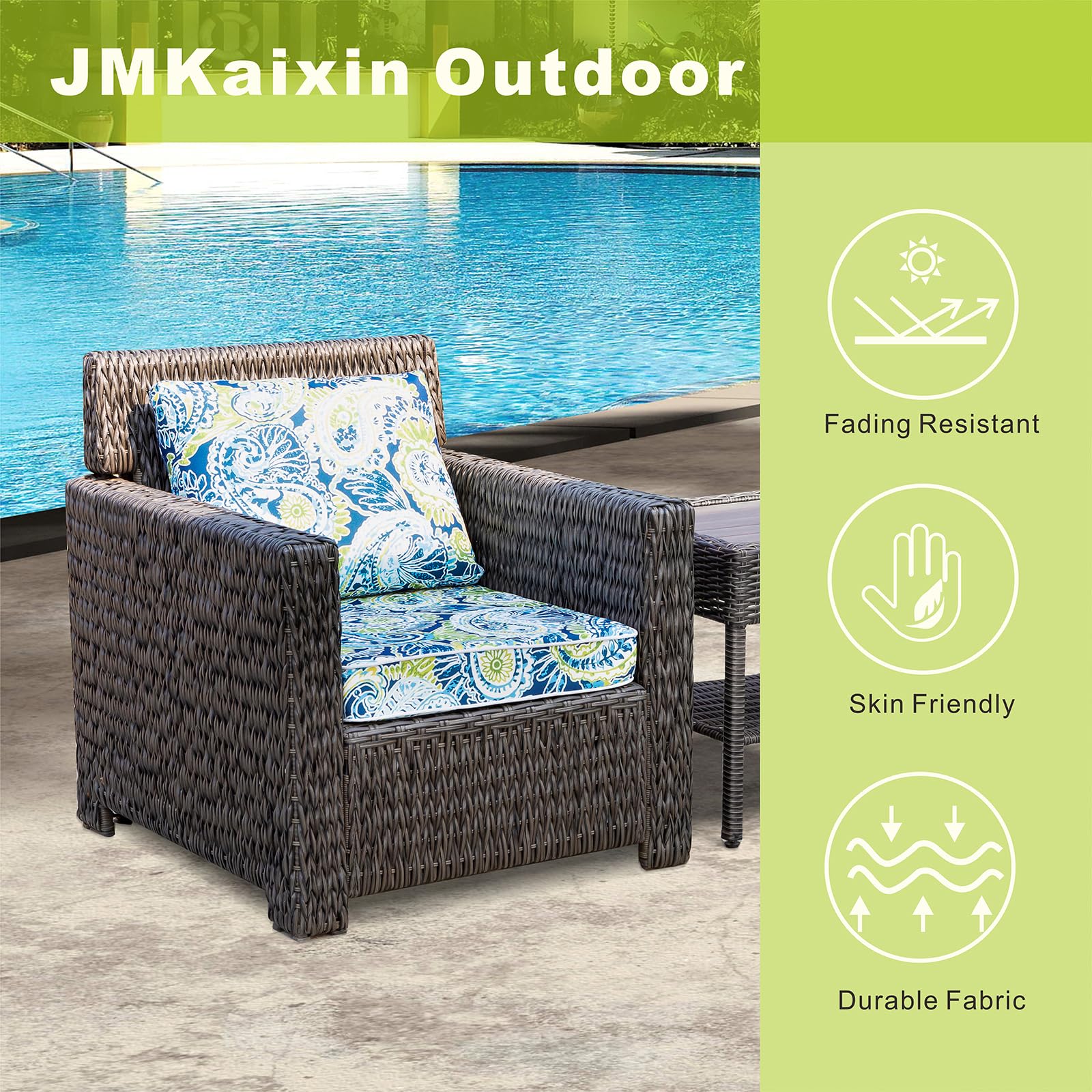 JMKaixin Outdoor Seat/Back Deep Chair Cushion Set for Patio Furniture - Lounge Chair Cushions with Zipper - Water-Resistant Patio Chair Cushions 22x22