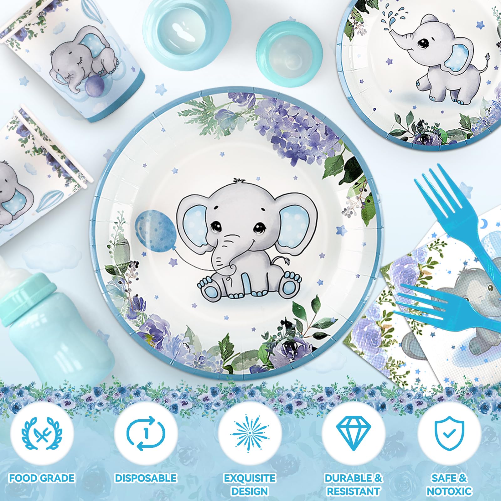 121Pcs Elephant Baby Shower Decorations Baby Shower Decorations Boy Includes Paper Plate, Napkins, Cups, Forks, Tablecloth, Elephant Theme Party Supplies for 24 Guests