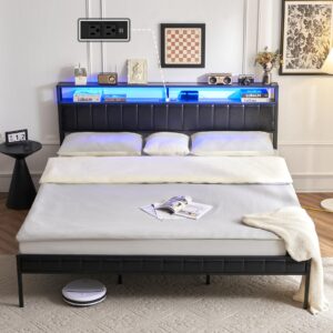 amerlife king size platform bed frame, led bed frame with pu leather & charging station, 2-tier storage headboard/no box spring needed/noise free, black