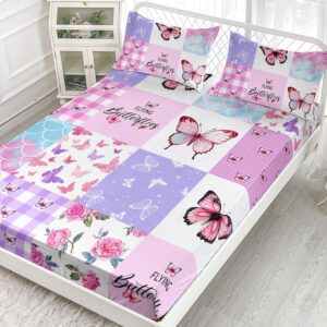 Smell Sunshine Butterfly Sheets Set 4Pcs for Kids,Pink Butterfly Printed Sheet Set with 1 Flat Sheet and 1 Fitted Sheet + 2 Pillowcases(Pink Butterfly Queen)