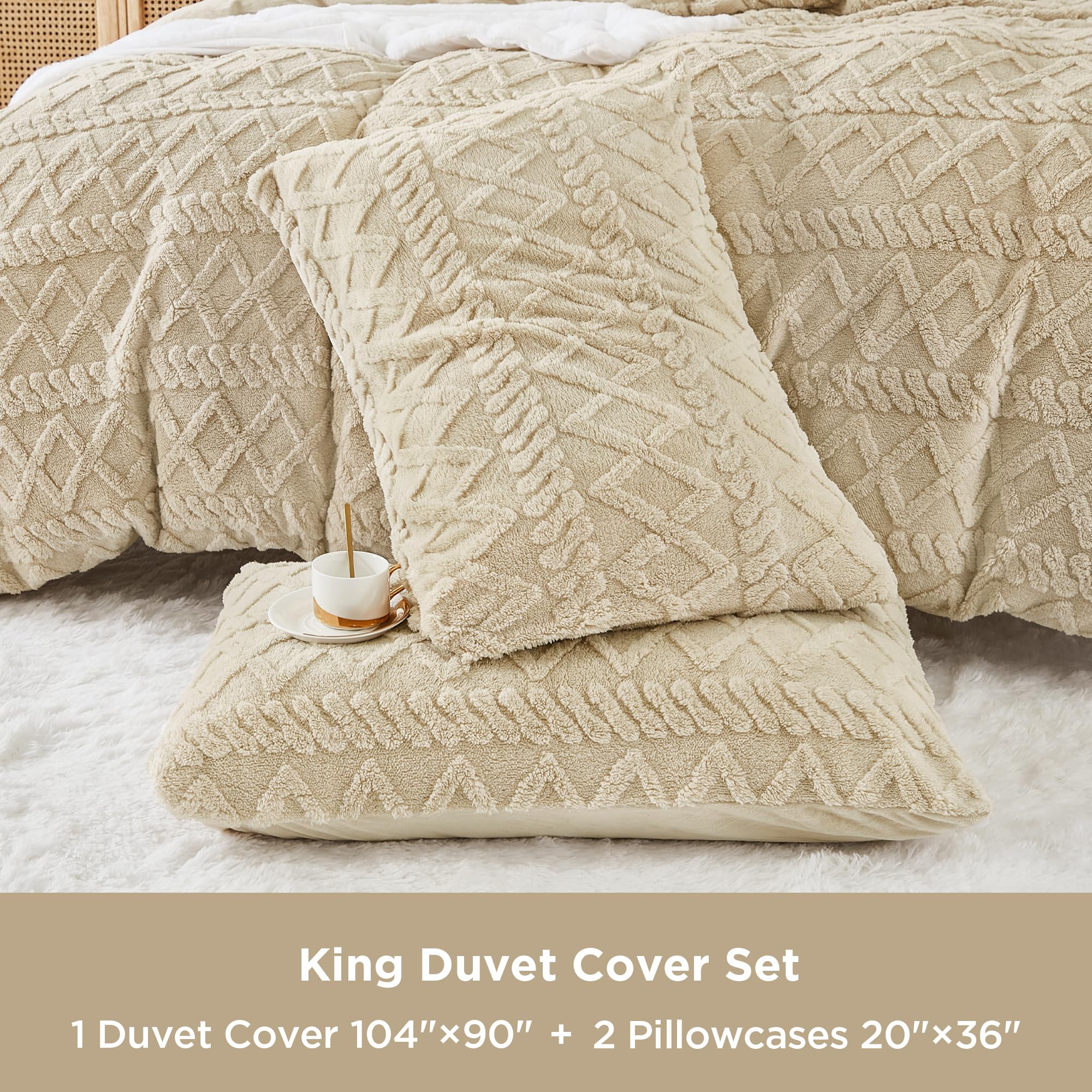 Andency Beige Cream Fleece Duvet Cover Set King Size, 3 Pieces Boho Flannel Fuzzy Fluffy Faux Fur Comforter Cover for Winter, Soft Shaggy Plush Cozy Sherpa Bedding Set