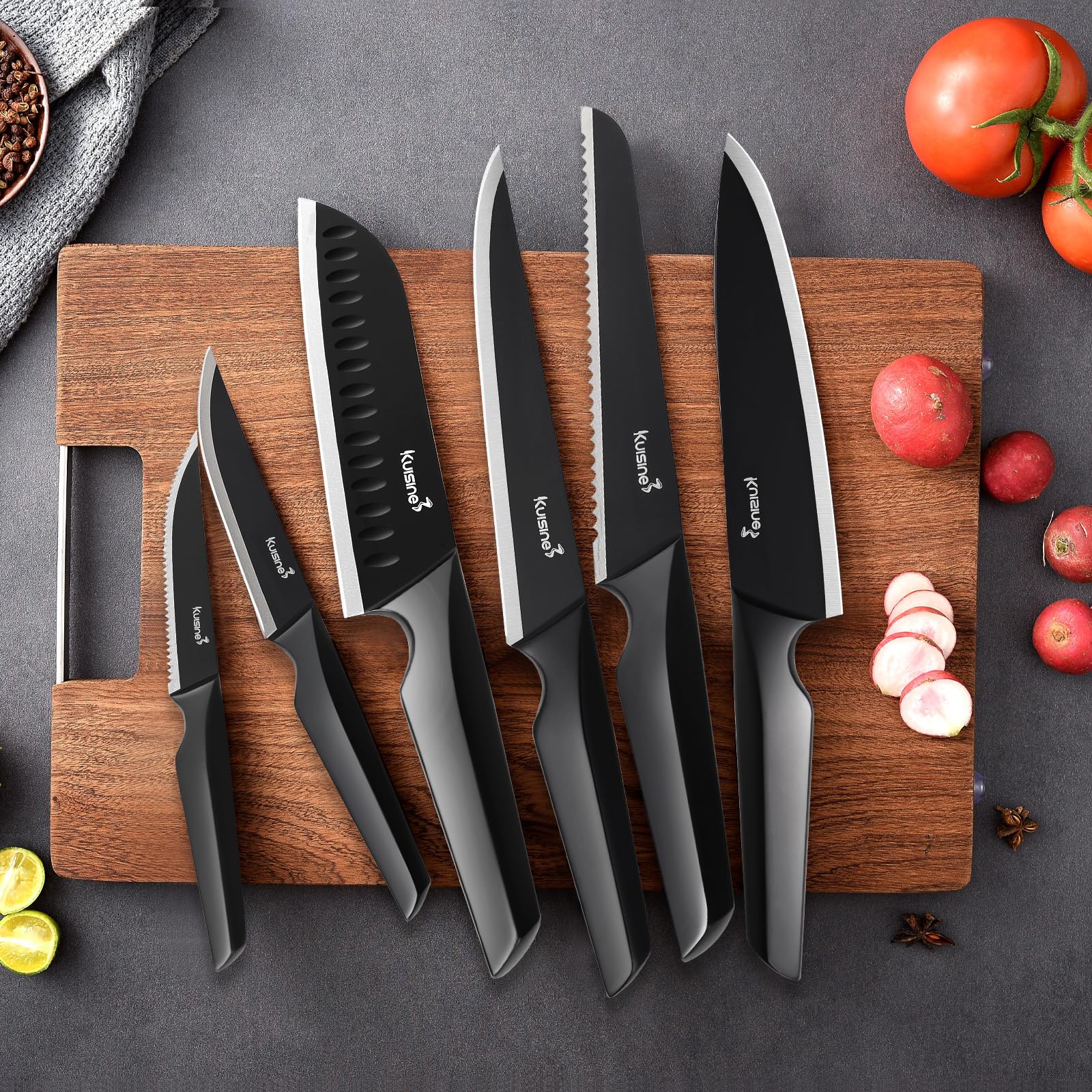 Kuisine Premium Knife Set,One-piece Molding 15PCS,High Carbon Stainless Steel Ultra Sharp,Non-slip Ergonomic Solid Steel Handle,Built-in Sharpener Knife Block Set,Luxury Gift(Black)