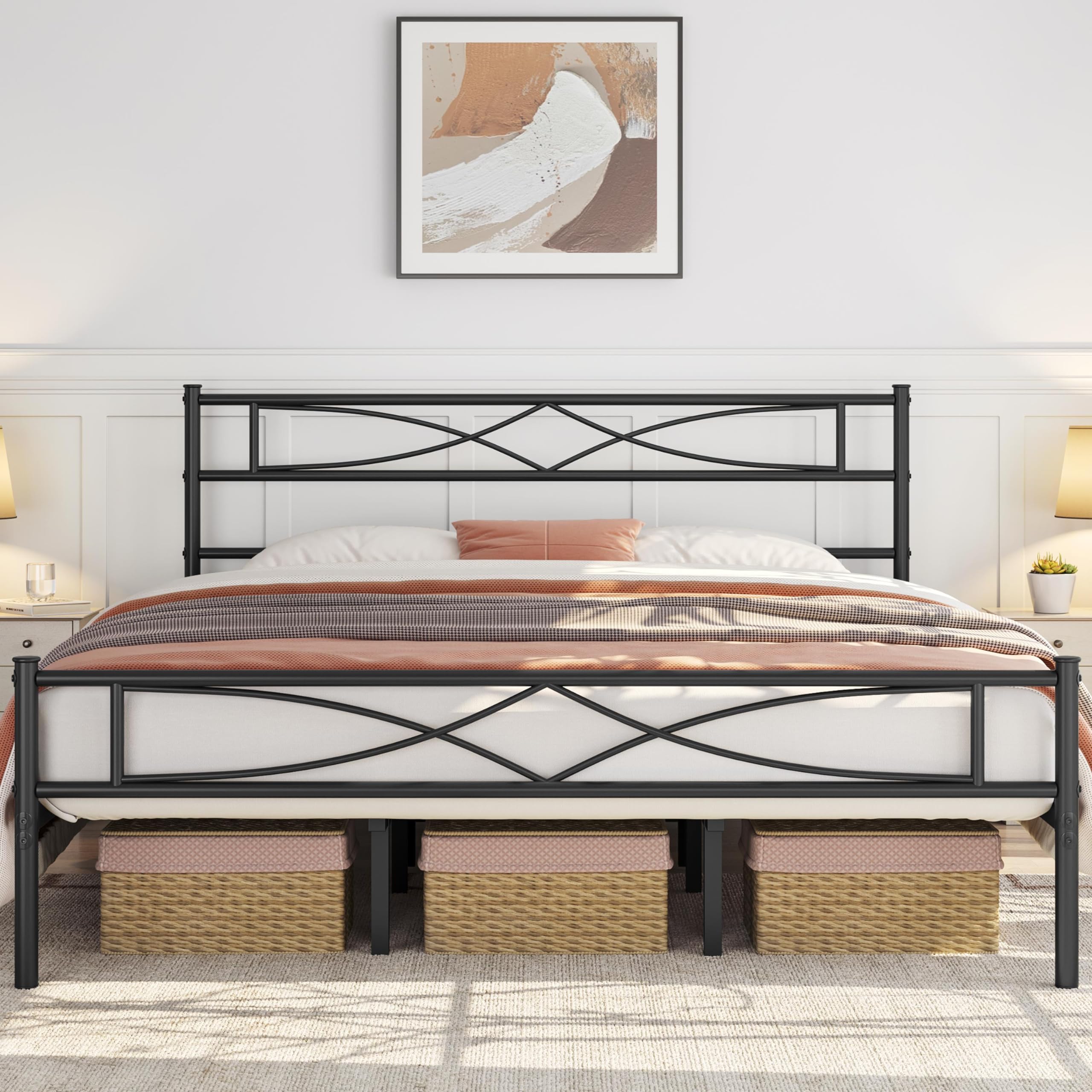 Yaheetech Metal King Size Bed Frame, Platform Bed Frame, Mattress Foundation with Curved Design Headboard & Footboard, NO Box Spring Needed, Heavy-Duty Support, Easy Assembly, King, Black