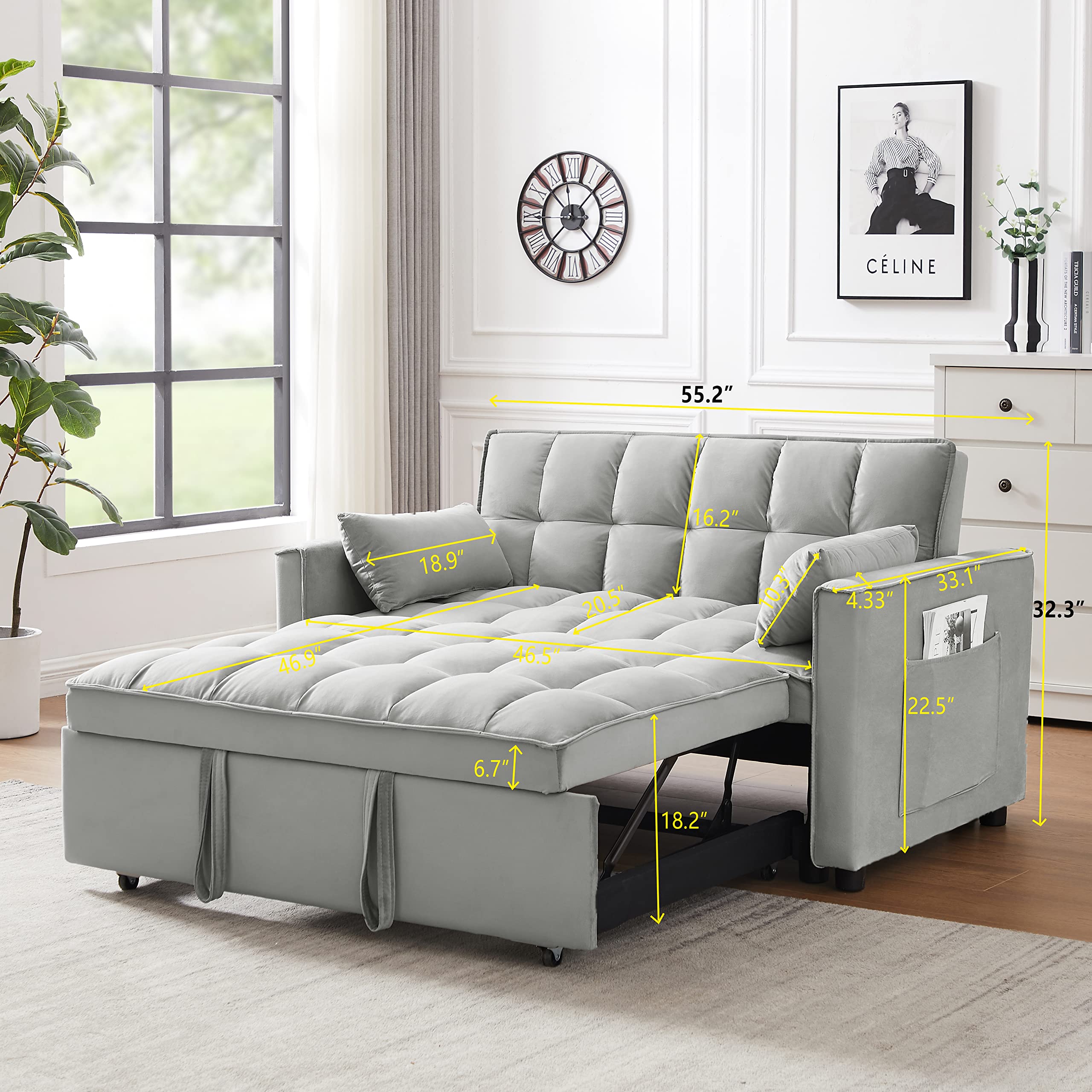 BIADNBZ 55 Inch Convertible Sleeper Sofa 3 in 1 Velvet Small Loveseat with Pull Out Bed, Reclining Backrest, Toss Pillows and Pockets, Futon Couches, 55.2"D x 33.1"W x 32.2"H, Gray