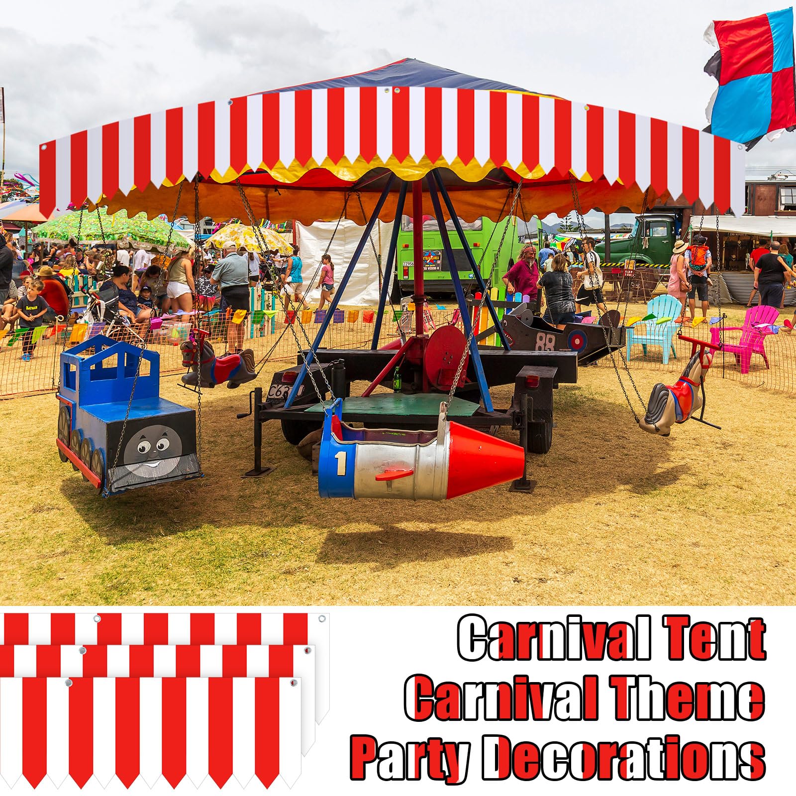 SmoothNovelty Carnival Tent Circus Theme Party Decorations White and Red Striped Circus Awning Decor 3D Awning Circus Tent Canopy for Mardi Gras Carnival Theme Party Decor, 9.84 x 78.74 Inch (3 Pcs)