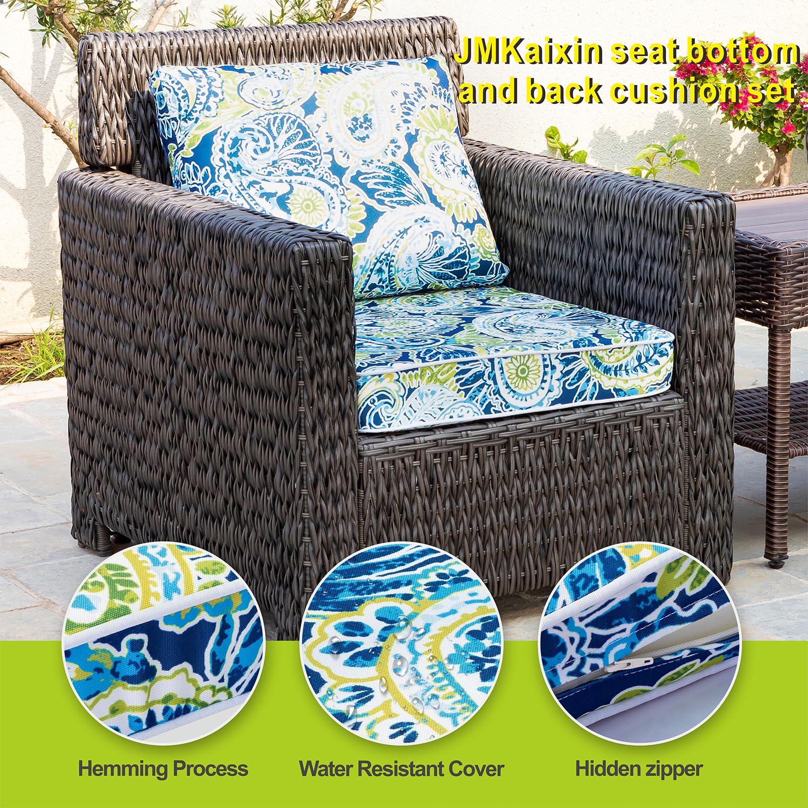 JMKaixin Outdoor Seat/Back Deep Chair Cushion Set for Patio Furniture - Lounge Chair Cushions with Zipper - Water-Resistant Patio Chair Cushions 22x22