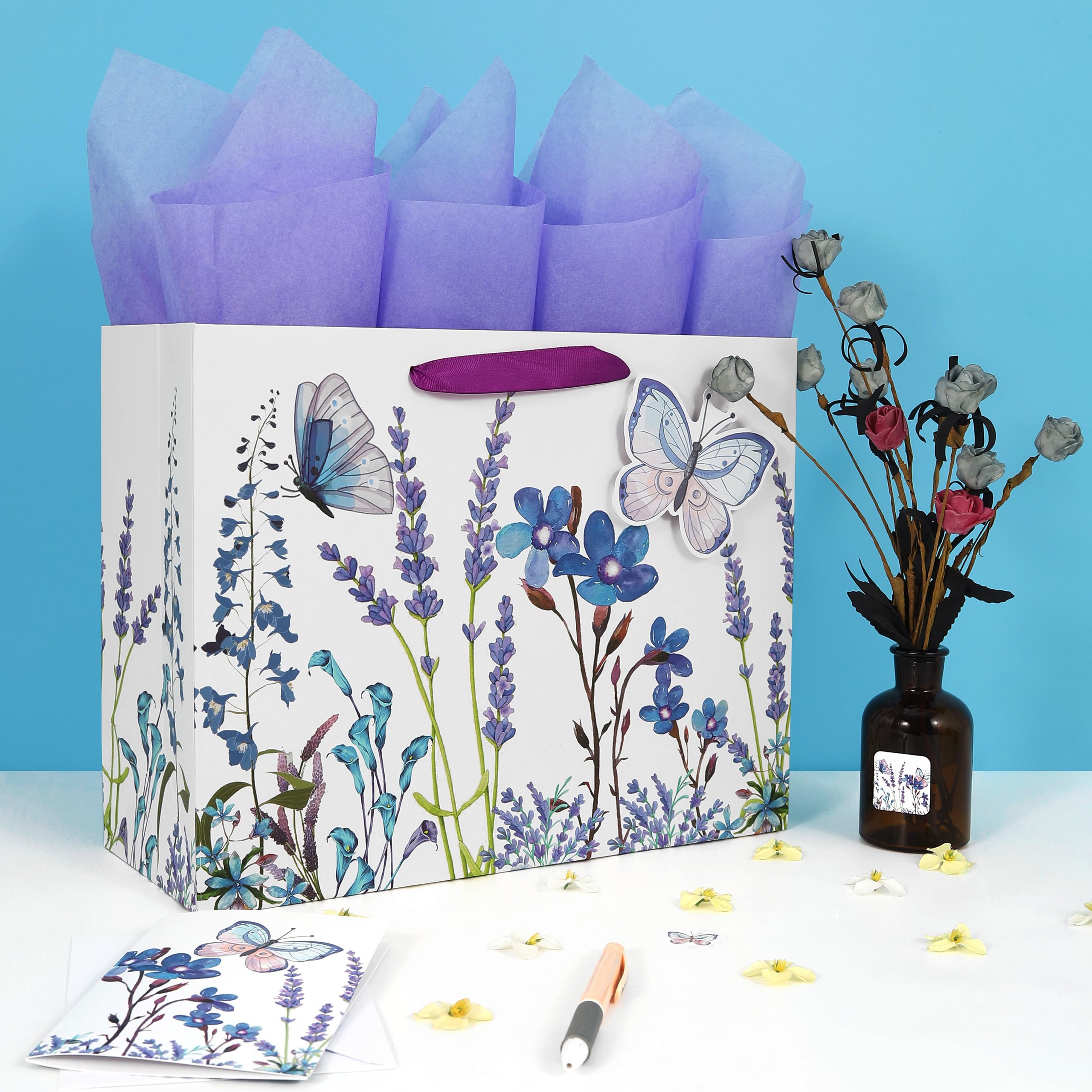 13" Large Purple Gift Bag Set with Greeting Card and Tissue Paper (Lavender and 3D Butterfly) Women's Birthday, Girls Party, Mother's Day, Wedding