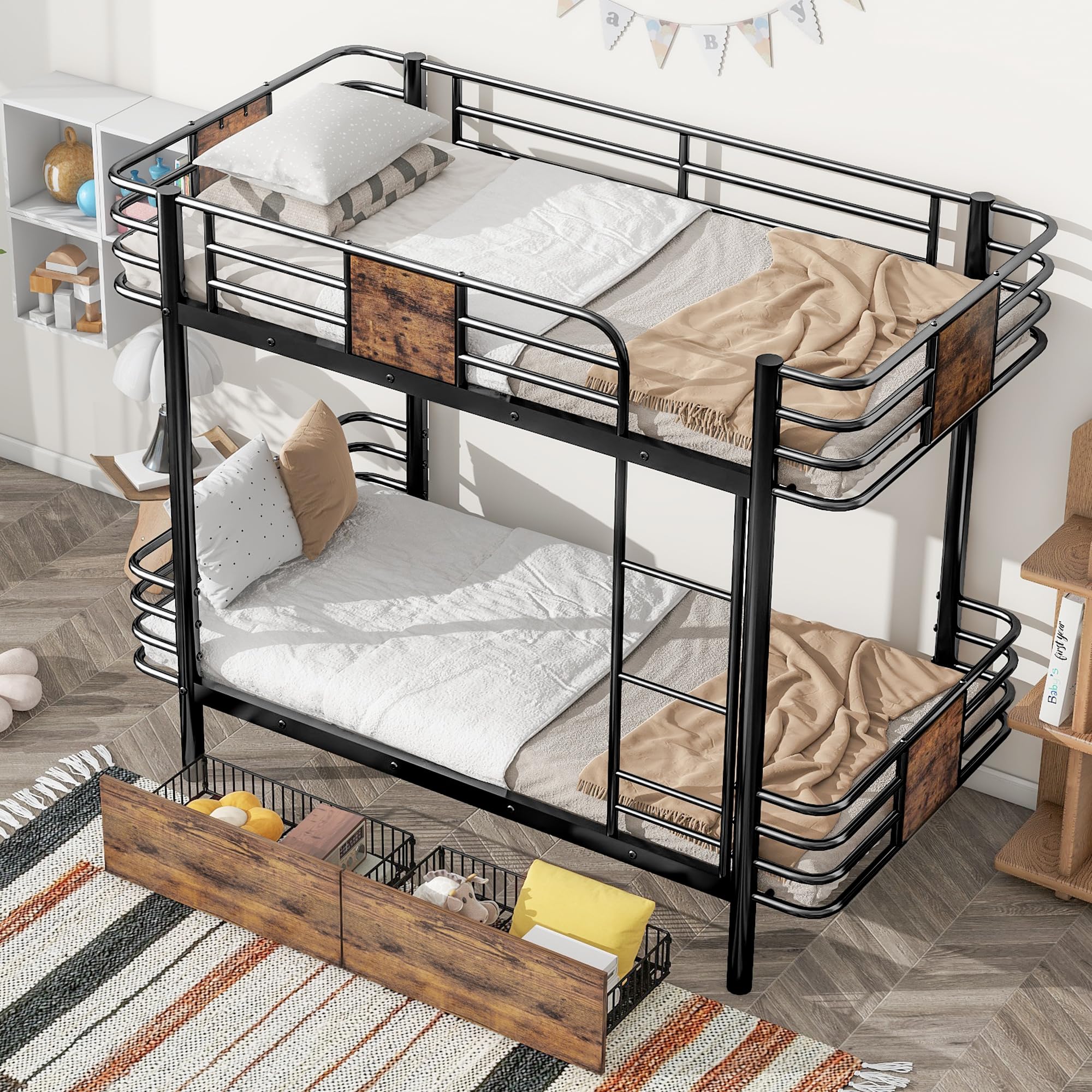 YOPTO Twin XL Over Twin XL Metal Bunk Bed with MDF Board Guardrail,an Integrated Ladder,Full-Length Guardrails and Two Storage Drawers,Industrial Modern bunk-Bed,No Box Spring Needed,Black