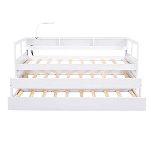 RORIGAT Twin XL Wood Daybed with 2 Trundles, 3 Storage Cubbies, 1 Light for Free and USB Charging Design, No Box Spring Needed, Wooden Platform Bed for Kids Teens Adults,White