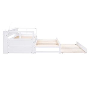 RORIGAT Twin XL Wood Daybed with 2 Trundles, 3 Storage Cubbies, 1 Light for Free and USB Charging Design, No Box Spring Needed, Wooden Platform Bed for Kids Teens Adults,White