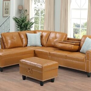 ERYE 3 PCS Sectional Sofa with R Chaise, L-Shaped 5 Seaters Comfy PU Upholstered Corner Sofa & Couch W/2 Cup Holders and Storage Ottoman for Home Apartment Office Living Room Furniture