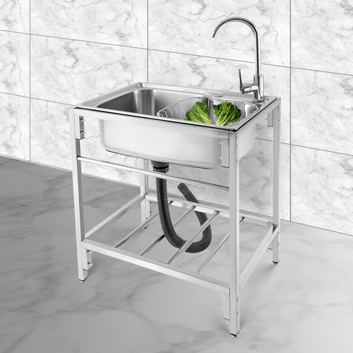 Free Standing Stainless Steel Single Bowl Commercial Kitchen Sink w/Drainboard, Drain Basket and Cold & Hot Faucet, Deep Utility Sink for Restaurant Laundry Garage Backyard (26.7 * 17.3 * 29.5 IN)