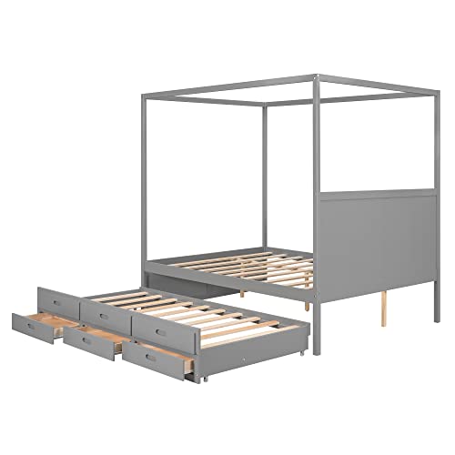 RORIGAT Queen Size Canopy Platform Bed with Twin Trundle and Three Storage Drawers, Wooden Daybed Frame Beds for Kids Teens Boys Girls,Gray