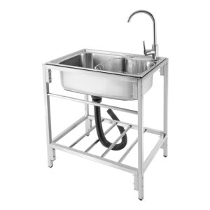 free standing stainless steel single bowl commercial kitchen sink w/drainboard, drain basket and cold & hot faucet, deep utility sink for restaurant laundry garage backyard (26.7 * 17.3 * 29.5 in)