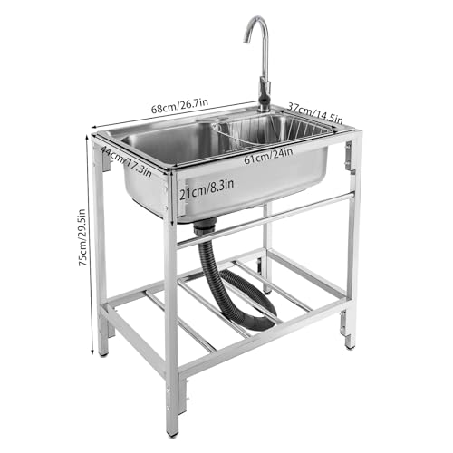 Free Standing Stainless Steel Single Bowl Commercial Kitchen Sink w/Drainboard, Drain Basket and Cold & Hot Faucet, Deep Utility Sink for Restaurant Laundry Garage Backyard (26.7 * 17.3 * 29.5 IN)