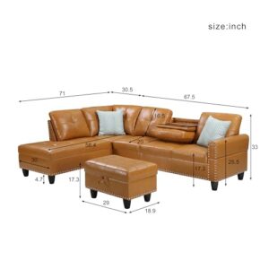 ERYE 3 PCS Sectional Sofa with R Chaise, L-Shaped 5 Seaters Comfy PU Upholstered Corner Sofa & Couch W/2 Cup Holders and Storage Ottoman for Home Apartment Office Living Room Furniture