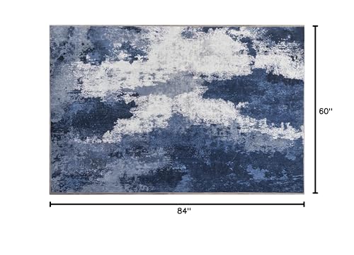 Andency Washable Area Rug 5x7, Modern Abstract Living Room Rugs, Non Slip Carpet for Bedroom Dining Room, Large Soft Satin Resistant Home Decor Rug, Blue