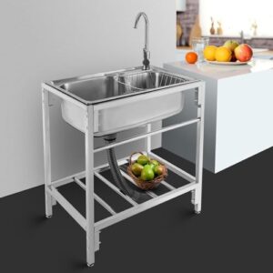 Free Standing Stainless Steel Single Bowl Commercial Kitchen Sink w/Drainboard, Drain Basket and Cold & Hot Faucet, Deep Utility Sink for Restaurant Laundry Garage Backyard (26.7 * 17.3 * 29.5 IN)