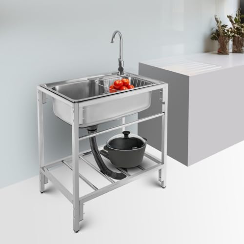 Free Standing Stainless Steel Single Bowl Commercial Kitchen Sink w/Drainboard, Drain Basket and Cold & Hot Faucet, Deep Utility Sink for Restaurant Laundry Garage Backyard (26.7 * 17.3 * 29.5 IN)